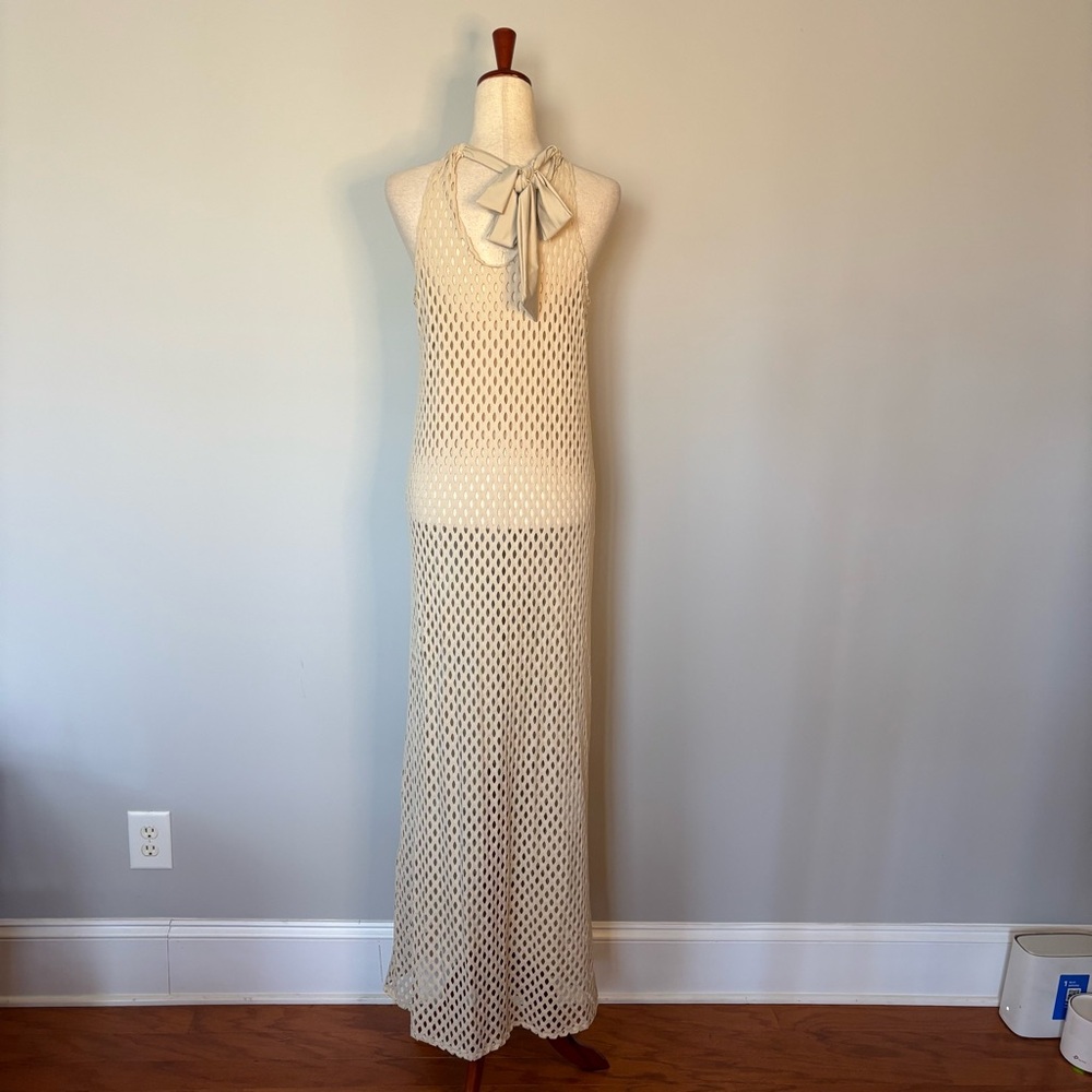 NEW Tara Grinna  Beige Crochet Halter Swim Coverup Dress - Picture 3 of 5